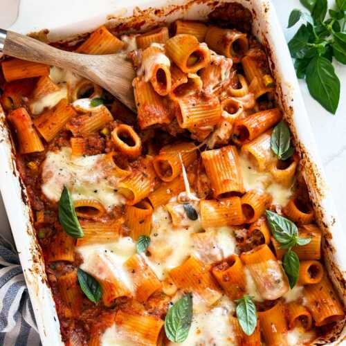 Overhead view of zucchini and ground beef pasta casserole.