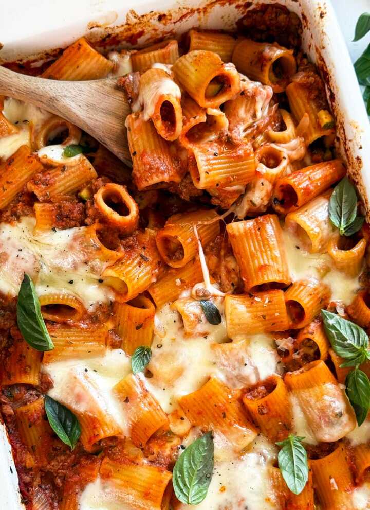 Overhead view of zucchini and ground beef pasta casserole.