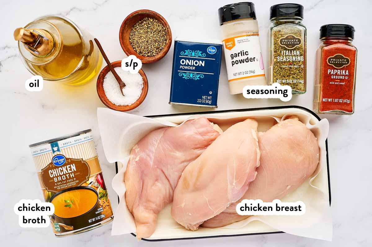 Ingredients for crockpot shredded chicken with text labels.