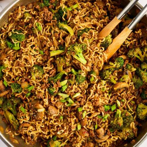 Skillet with ground beef and Ramen noodles.