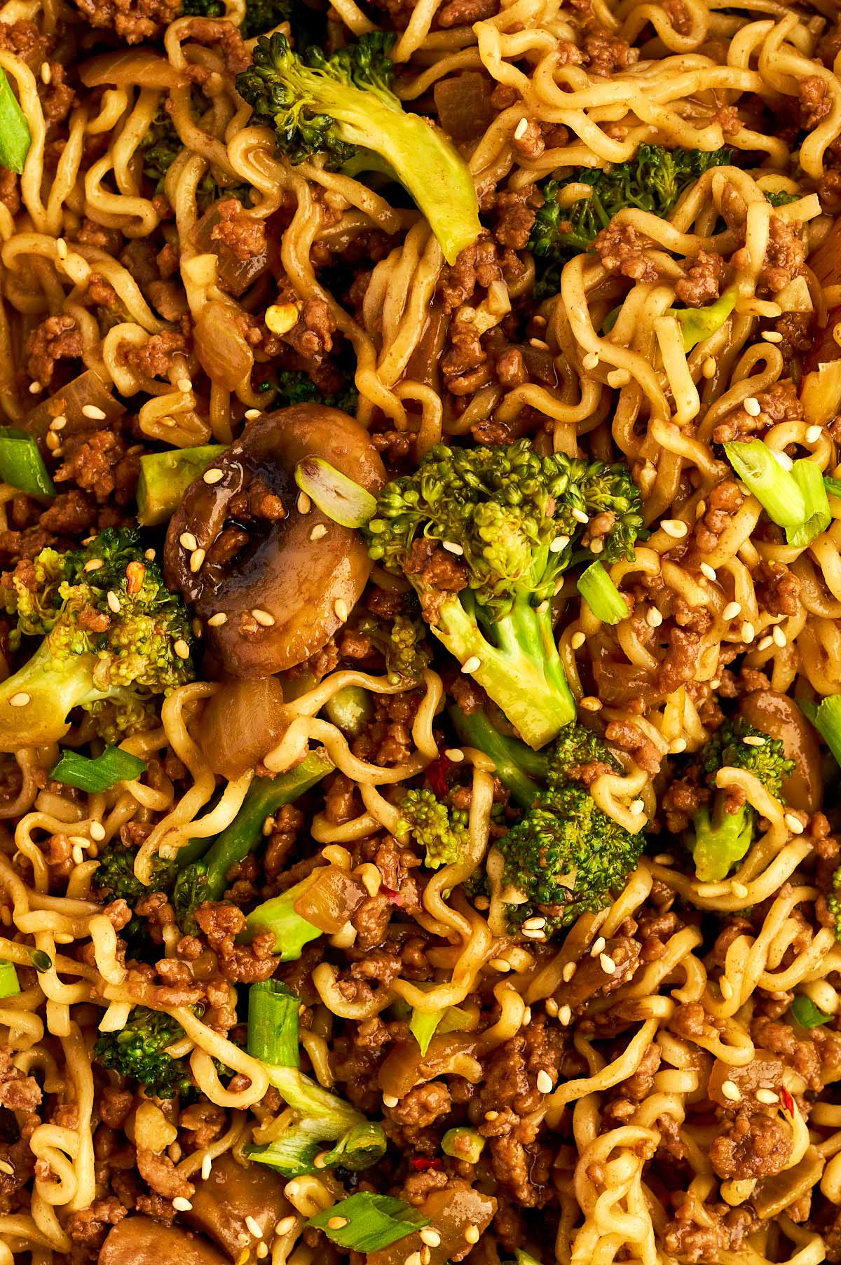 Close up photo of ground beef and Ramen noodles.