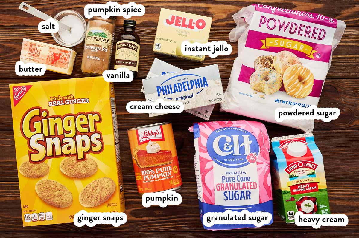 Ingredients for no bake pumpkin cheesecake with text labels.