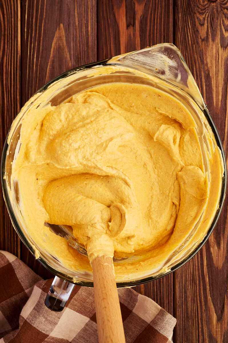 No bake pumpkin cheesecake filling in a glass bowl.
