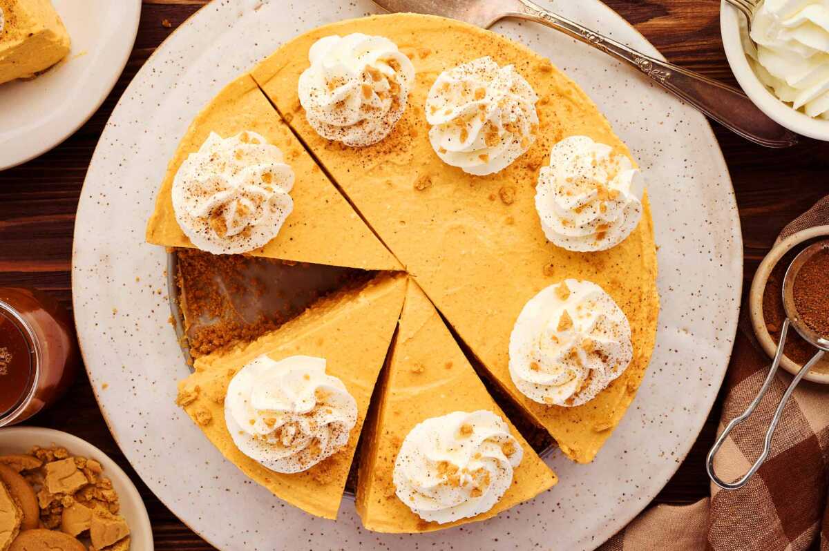 Overhead view of no bake pumpkin cheesecake.