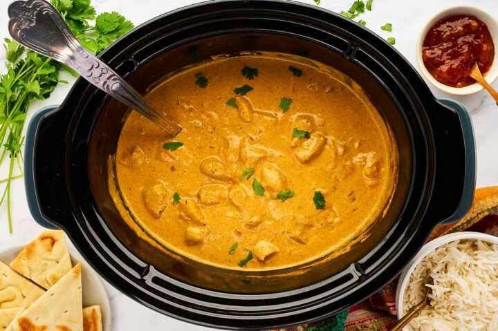 Chicken curry being served from a slow cooker.