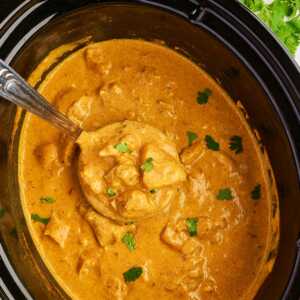 Overhead view of a black slow cooker with coconut chicken curry and a ladle.