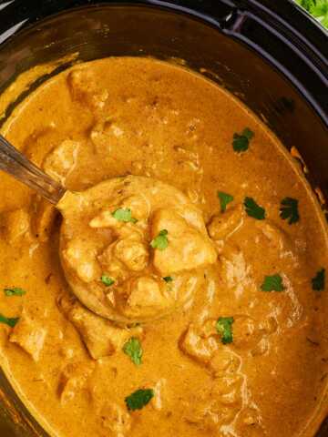 Overhead view of a black slow cooker with coconut chicken curry and a ladle.