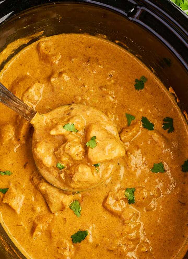 Overhead view of a black slow cooker with coconut chicken curry and a ladle.