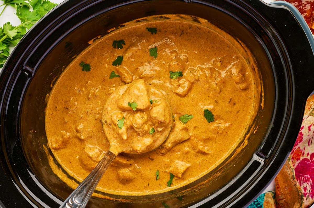 Overhead view of a black slow cooker with coconut chicken curry and a ladle.