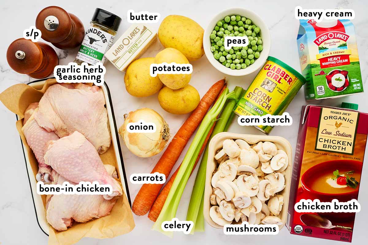 Ingredients for slow cooker chicken stew with text labels.