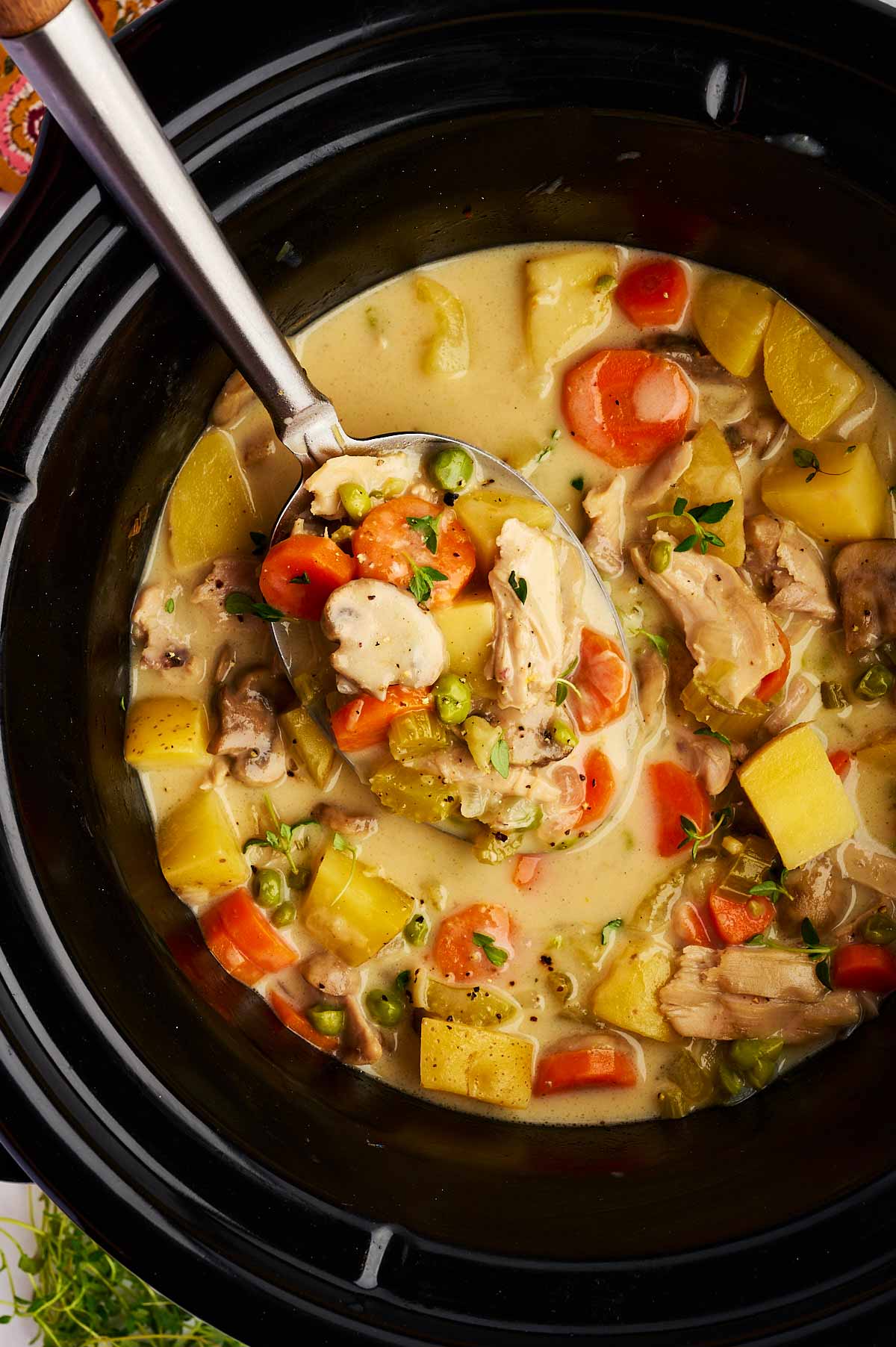 Spoon in slow cooker chicken stew.