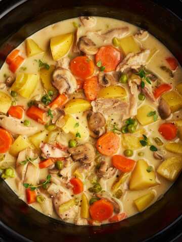 Slow cooker with chicken stew inside.