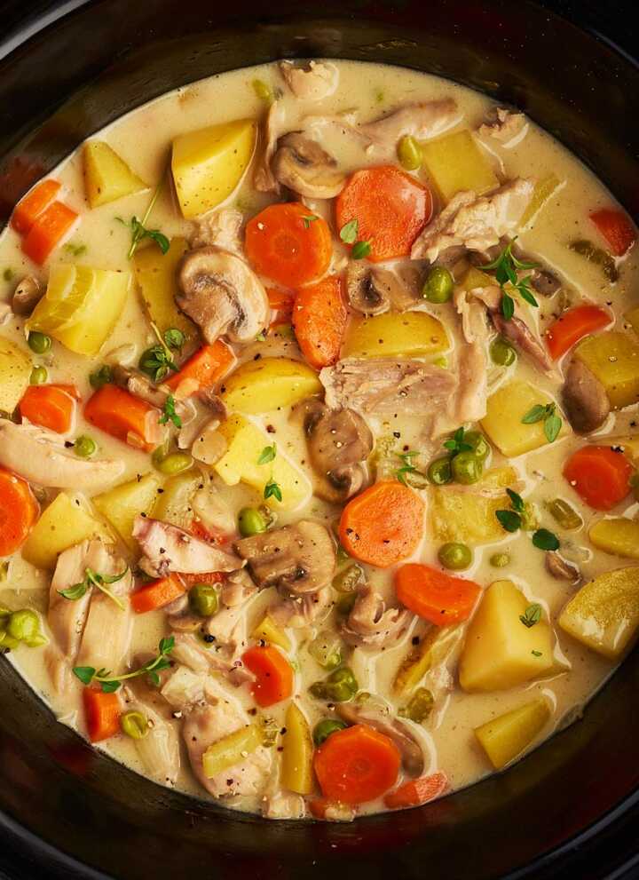 Slow cooker with chicken stew inside.