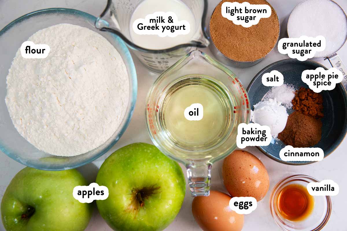 Ingredients for apple muffins with text labels.