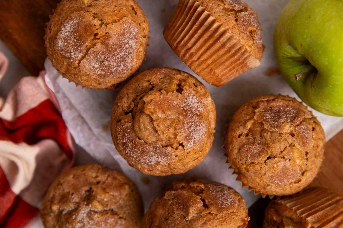 Overhead view of apple muffins.