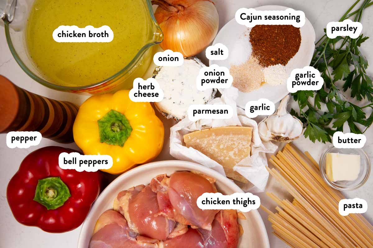 Ingredients for Creamy Cajun Chicken Pasta with text labels.