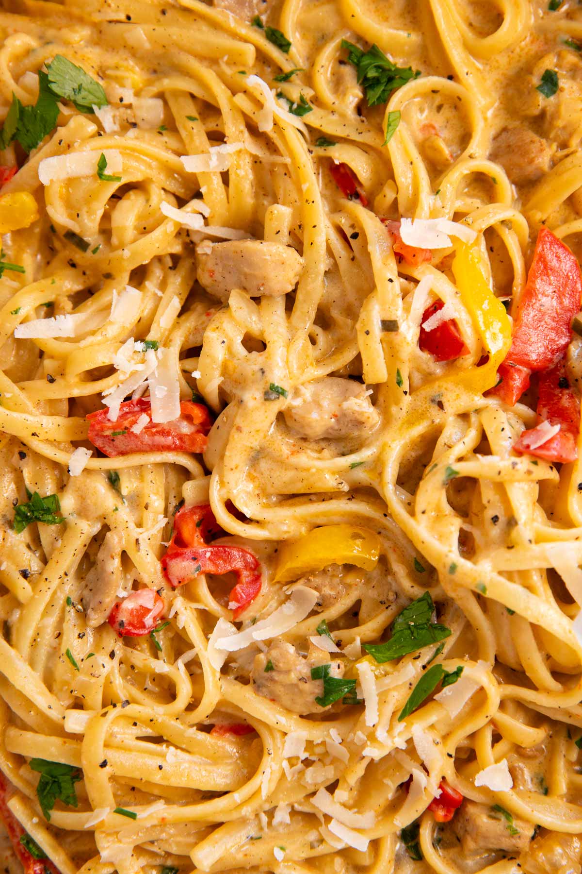 Close up photo of Creamy Cajun Chicken Pasta.