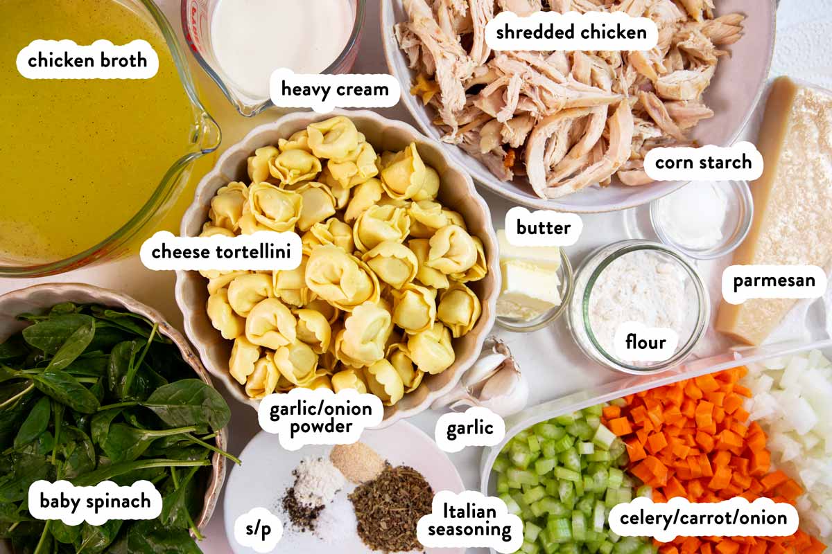 Ingredients for Chicken Tortellini Soup with text labels.