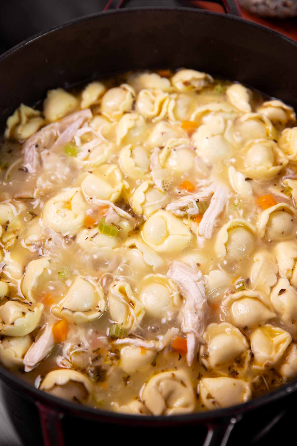 Tortellini simmering in soup.