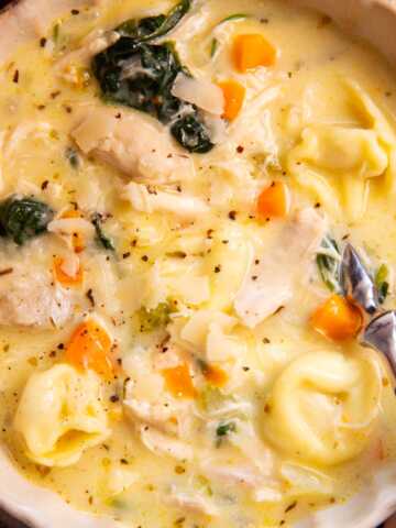 Bowl filled with creamy chicken tortellini soup.