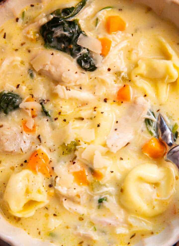 Bowl filled with creamy chicken tortellini soup.