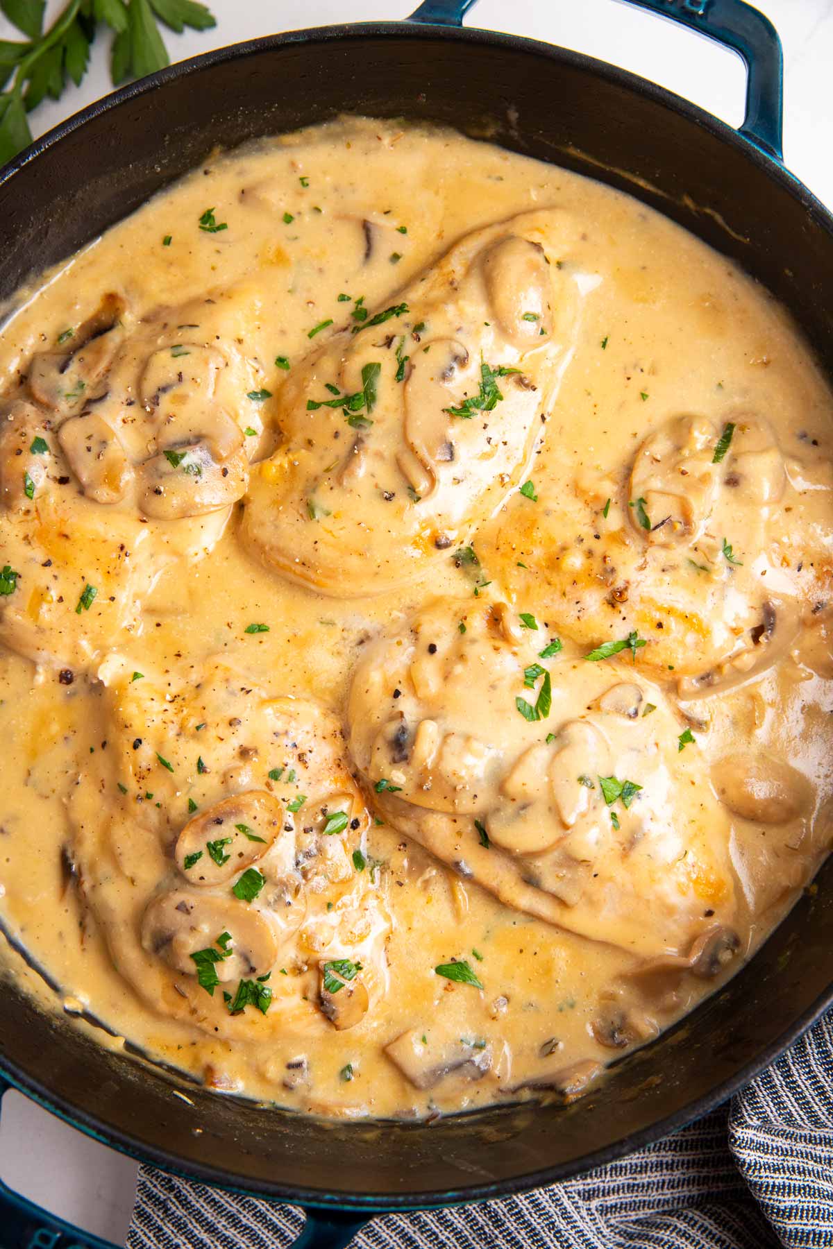 Cast iron skillet filled with creamy mushroom chicken.
