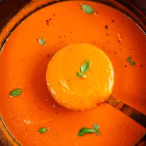 Close up photo of a ladle scooping tomato soup from a pot.
