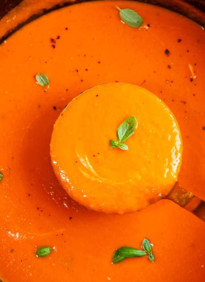 Close up photo of a ladle scooping tomato soup from a pot.