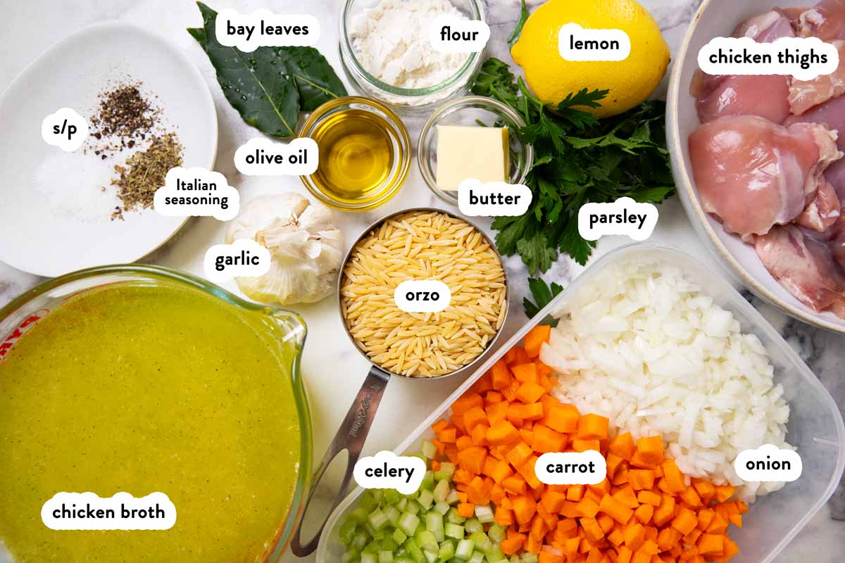 Ingredients for lemon chicken orzo soup with text labels.