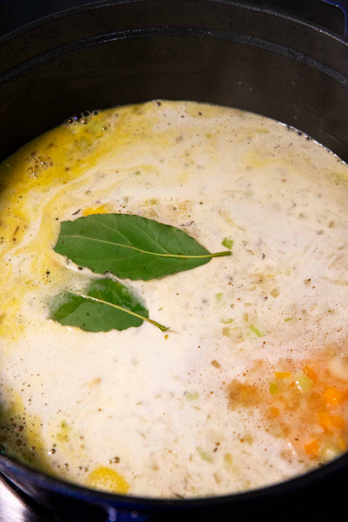 Soup simmering in cast iron pot.