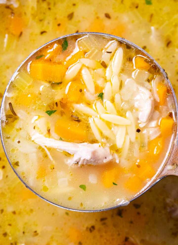 Close up of a ladle with lemon chicken orzo soup.