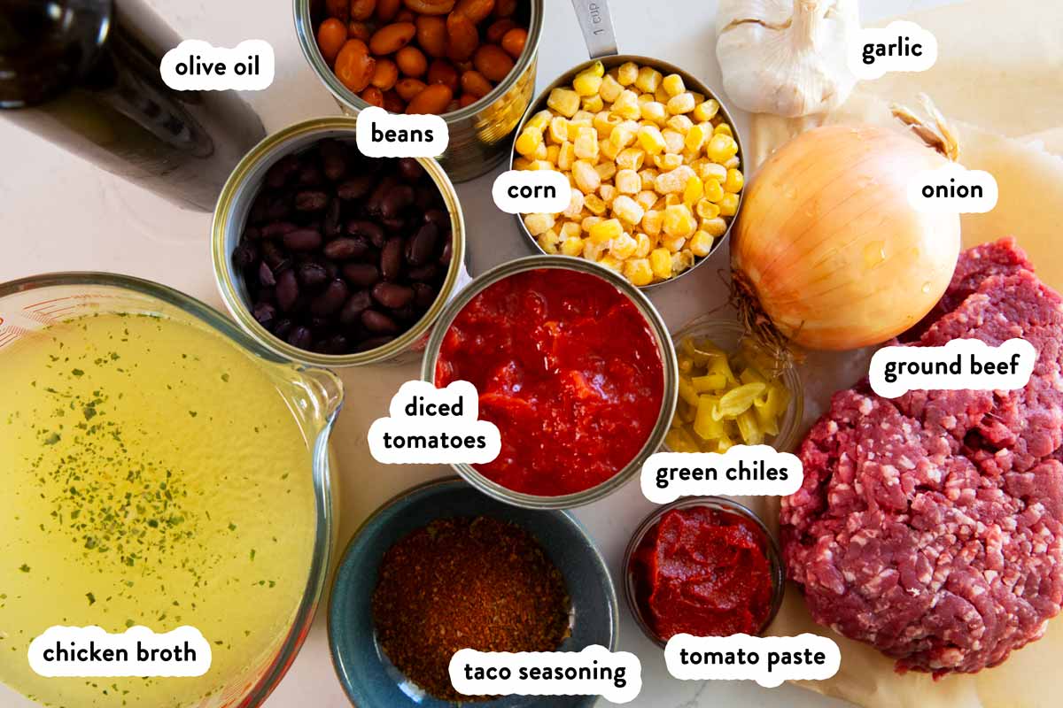 Ingredients for taco soup with text labels.