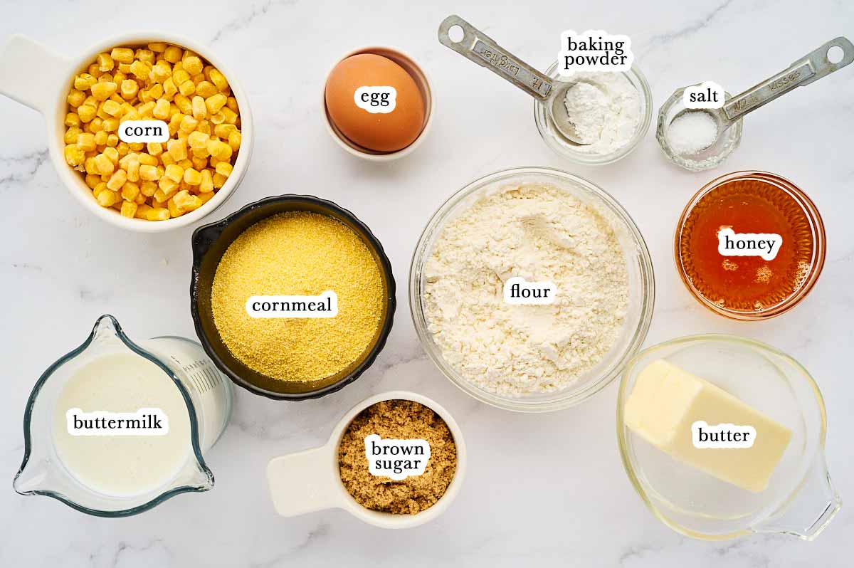 Ingredients for honey butter cornbread with text labels.