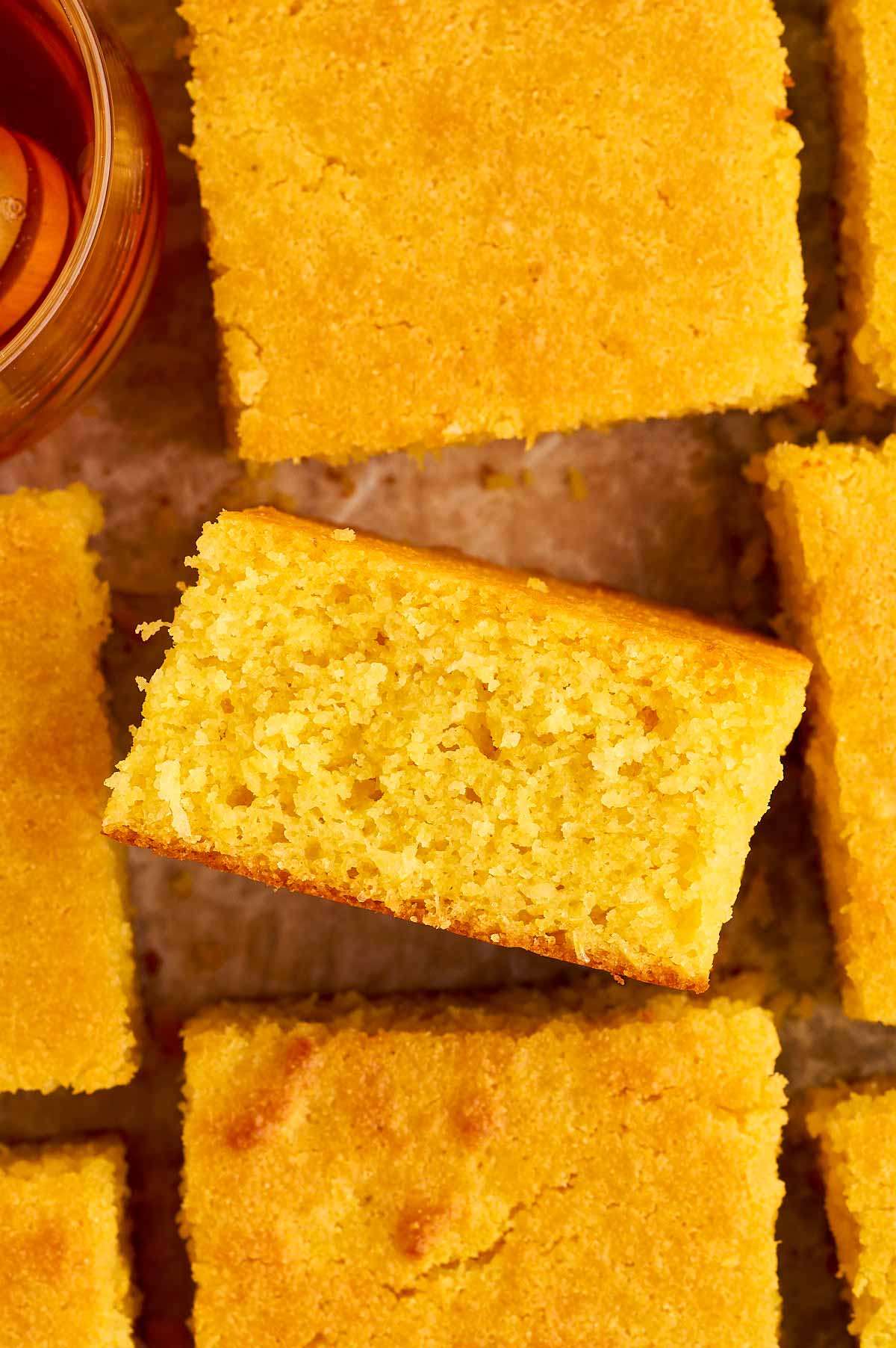 Overhead view of sliced cornbread.