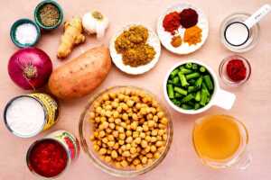 Ingredients for sweet potato chickpea curry.