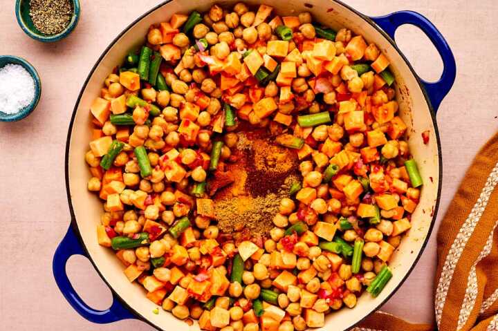 Diced vegetables in a braiser.